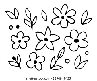 Dibujo vectorial simple con contorno negro. Conjunto de elementos florales. Flores, hojas y ramas.