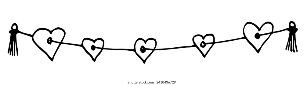 Simple vector drawing with black outline. Garland of hearts on a string, tassels. Sketch in ink. Valentine's Day. Romantic decor, love.