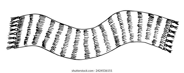 Simple vector drawing with black outline. Long striped rug, carpet. Knitted scarf. Sketch in ink.