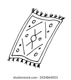 Simple vector drawing with black outline. Homemade rug with fringe, carpet, bedspread. Weaving. Sketch in ink.