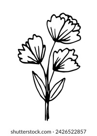 Simple vector drawing with black outline. Cute bouquet of flowers, tulips, spring holidays, mother's day.