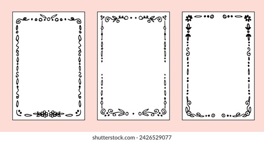 Simple vector drawing with black outline. Rectangular hand drawn floral patterned frames, space for text.