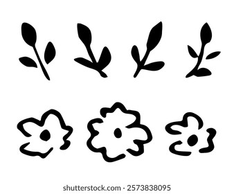 Simple vector drawing with black outline. Set of floral elements, small flowers, twigs. Nature, plants. Sketch in ink.