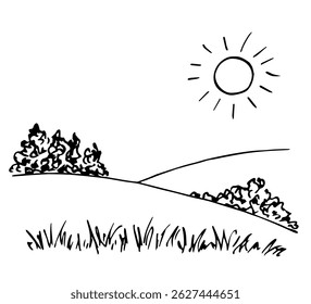 Simple vector drawing with black outline. Summer nature, landscape. Sun, trees and grass, hills. Ink sketch.