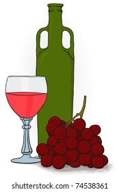 Simple vector drawing - a bottle and a glass of wine and grapes, eps8