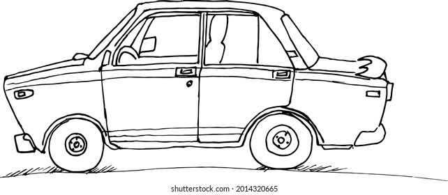 Simple vector drawing of a car. Old-style car.