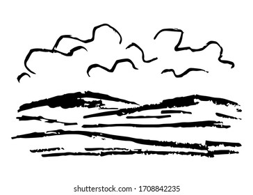 Sencillo dibujo vectorial de lápiz de carbón vegetal. Naturaleza, paisaje, clima, clima. Silueta de montañas, nubes. Dibujo en blanco y negro.