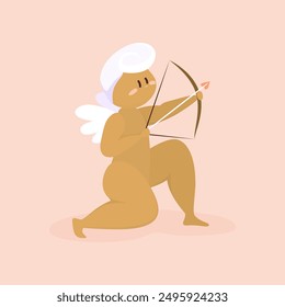 Simple vector drawing of a cute blonde angel with a bow and arrow on a pink background. Postcard with the image of a little zodiac sagittarius