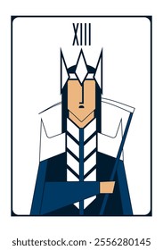 Simple vector drawing depicting a Death tarot card in the form of a young man with a scythe in dark blue and white colors 