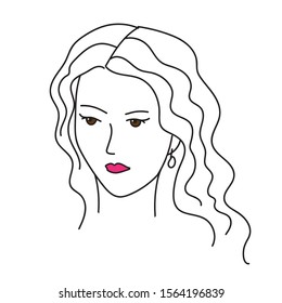 Simple vector drawing of a female head, face, pink pommel, brown eyes, wavy hair.