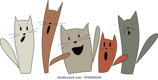 Simple vector drawing of five funny screaming cats isolated on white background. And the cats are: three gray, one thin brown and a small redhead. Meow!