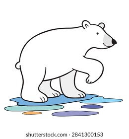 Simple vector drawing of a friendly polar bear with a white body and gray muzzle standing on a patch of ice surrounded by abstract colorful water puddles