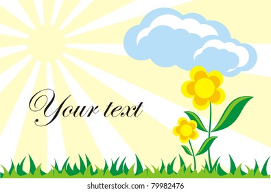 simple vector drawing green fields and flowers and clouds