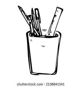 A simple vector drawing of a jar of stationery for school. Element for polygraphy and design.
