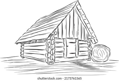 Simple vector drawing of an old wooden cottage. Sketch of a farm building from black lines on a white background.