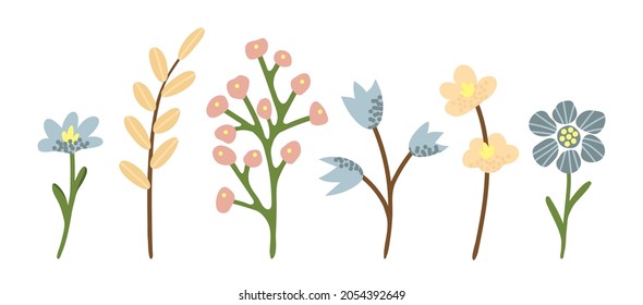 Einfache Vektorgrafik in Pastellfarben. Reihe verschiedener sanfter Wildblumen. Für das festliche Design von Karten, Einladungen.