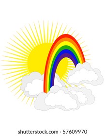 Simple vector drawing of rainbow, clouds and sun