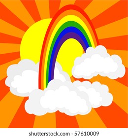 Simple vector drawing of rainbow, clouds and sun