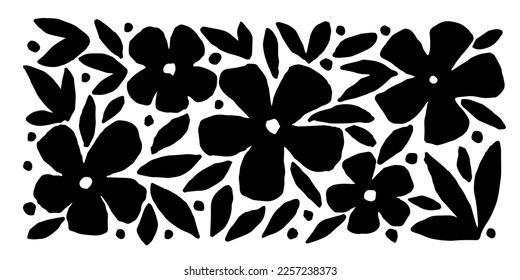 Simple vector drawing. Set of floral elements. Black silhouette of various flowers, leaves, dots. Spring-summer collection.