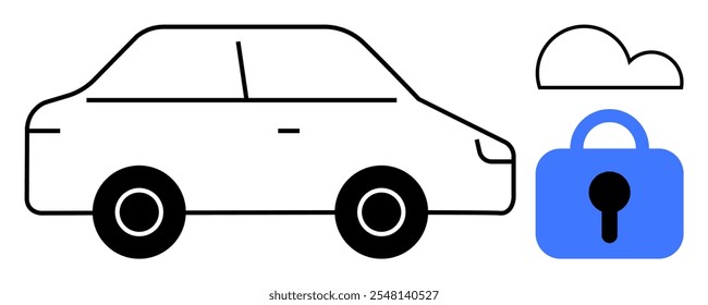 A simple vector drawing shows a car beside a blue lock symbol and a cloud outline, representing car security and cloud-based storage. Ideal for car security, cloud storage, technology, data