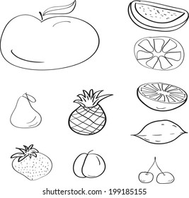 Simple vector drawing sketches in the style of fruit, apple, pear, pineapple, strawberries, plums, watermelon, orange, grapefruit, walnut, cherry