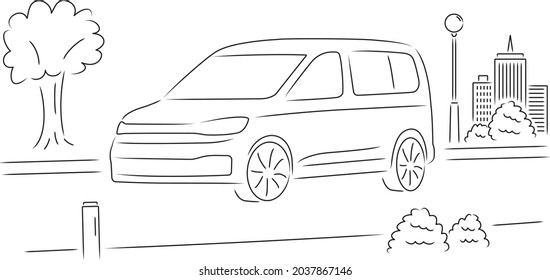 A Simple Vector Drawing Of A Small Utility Or Family Van Traveling Through The City