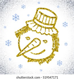 Simple vector drawing of a snowman. Gold glittering confetti seamless pattern. Winter holiday. New Year & Merry Christmas.