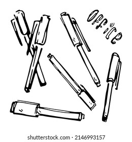 Simple vector drawing of stationery pens. Set of printing and design elements. Hand drawn stationery.
