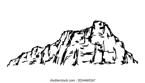 Simple vector drawing in the style of engraving. Mountains, rocky canyon, wilderness. Nature and landscape. Desert area.