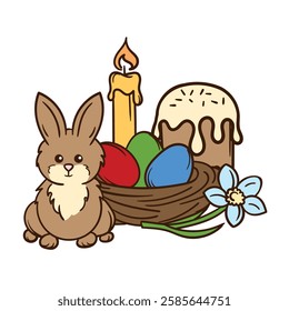 Simple vector Easter illustration. Composition of an Easter bunny, Easter cake, painted eggs and a church candle for decorating a postcard, poster, advertisement, announcement, congratulations