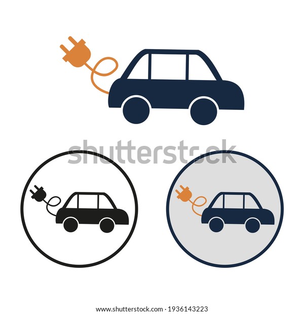 Simple\
vector electric car icon. Set of round black and white and color\
personal transport symbol with electrical\
outlet