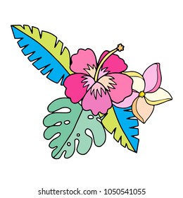 Simple vector element with tropical flowers and palm leaves.