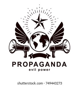 Simple vector emblem created using Earth planet illustration composed with wings and loudspeakers equipment. Propaganda as one of the methods of global psychological warfare.
