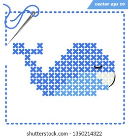 Simple vector embroidery scheme with crosstiched whale for children and adults. Pixelart. Frame with needle and string .Element for logo, print, emblem, design or embroidery worksheets.