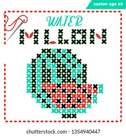 Simple vector embroidery scheme with crosstiched watermelon for children and adults. Pixelart. Frame with needle and string .Element for logo, print, emblem, design or embroidery worksheets.