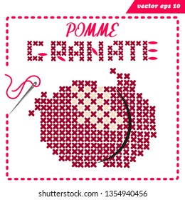 Simple vector embroidery scheme with crosstiched pommegranate for children and adults. Pixelart. Frame with needle and string .Element for logo, print, emblem, design or embroidery worksheets.