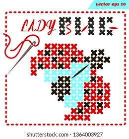 Simple vector embroidery scheme with crosstiched ladybug insect for children and adults. Pixelart. Frame with needle and string. Element for logo, print, emblem, design or embroidery worksheets.