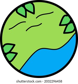 simple vector with an environmental theme depicting a green and blue earth from the ocean and leaves and wind and clouds in the form of a smiling face character