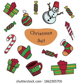 simple vector eps christmas new year set with green red and yellow with snowman mitten presents gifts fireworks christmas ball candies and cup on white background isolated