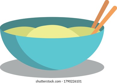 simple vector eps illustration of a blue ball with chinese or japanese food with brown chopsticks and simple shadows on white background