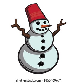simple vector eps illustration icon of a snowman with carrot nose and branches with red hat on white background isolated