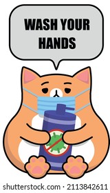 simple vector eps kawaii cartoon illustration sticker of a red ginger cat in blue medicine surgical coronavirus mask with sanitizer (sanitiser) saying wash your hands