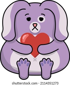 simple vector eps kawaii cartoon illustration sticker of a pink lavender rabbit with red heart in hands on white background isolated