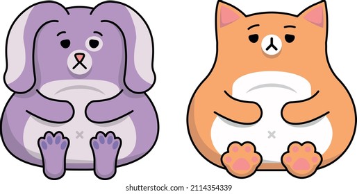 simple vector eps kawaii cartoon illustration sticker set of a fat pink lavender rabbit and red ginger cat on white background isolated