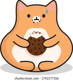 Simple Vector Eps Sticker Illustration Of A Fat Cat With Cookie And Crumbs On White Background