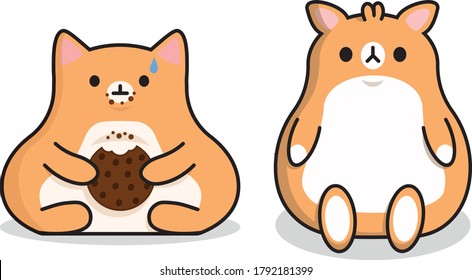 Simple Vector Eps Sticker Illustration Of A Kawaii Cute Adorable Fat Cat And Hamster With Cookie And Crumbs On White Background