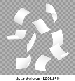 Simple vector of falling white blank papers on transparent background.