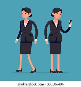 Simple vector female office worker character walking and standing holding phone | Business woman flat design poses | Business woman reading messages on smart phone and walking, full length, isolated