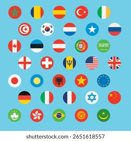 Simples vetor flags ícones círculo dos diferentes países. Sinalizar ícones em círculo de estilo plano. Bandeiras do país isoladas sobre fundo branco
