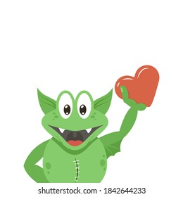 simple vector flat art colour cartoon illustration of anthropomorphic green monster with own heart in his hand on a white background